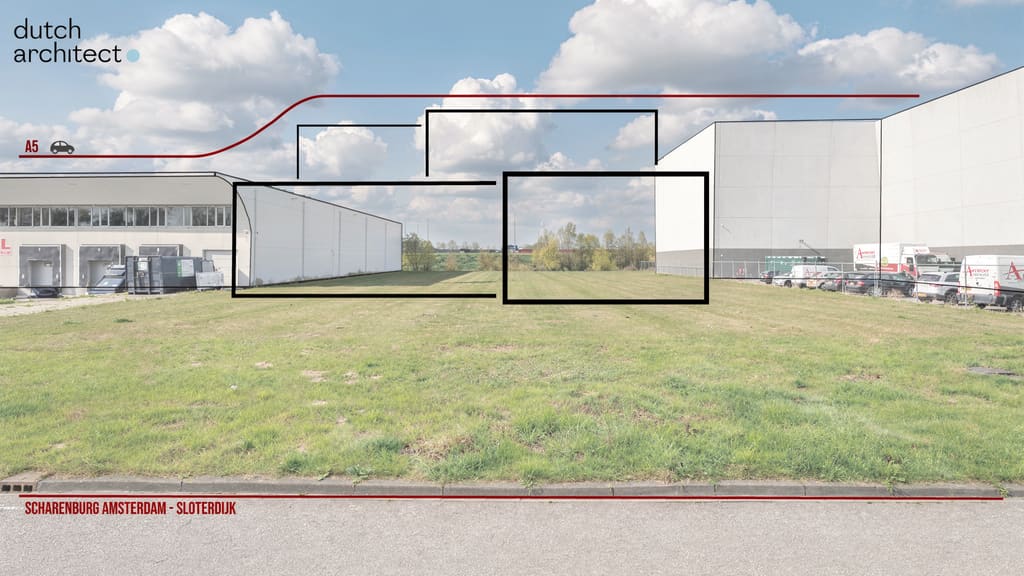 Massastudie van Dutch Architect voor kavel N7a in Amsterdam Sloterdijk, ingetekend op de lege kavel