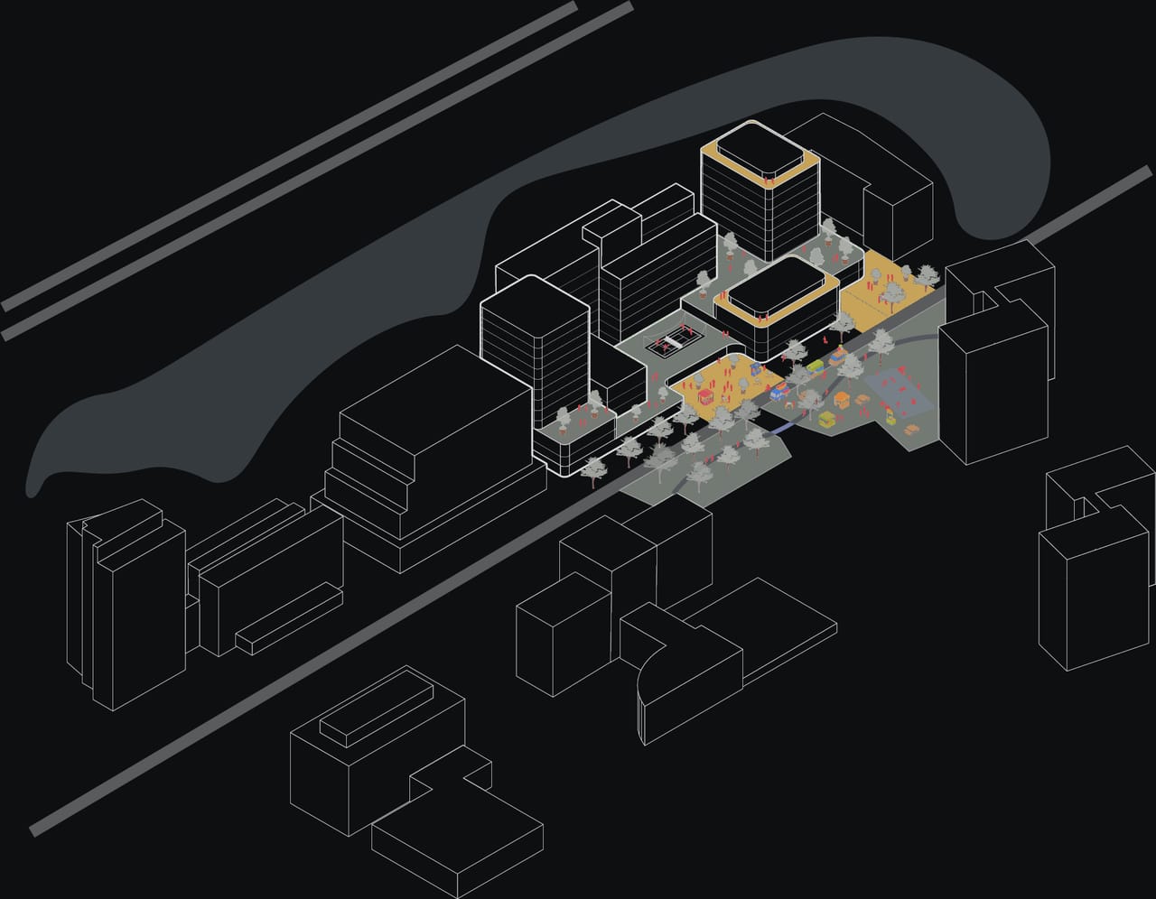 Axonometrie van het complete plan met landschap en levendigheid rond de gebouwen