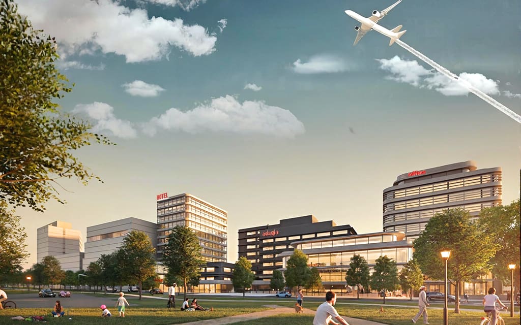 Impressie van Bavinck Campus met een overvliegend vliegtuig: de ligging onder de aanvliegroute van Schiphol bepaalt het programma